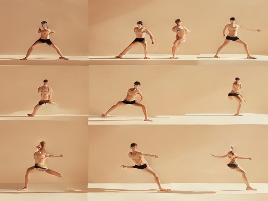 A sequence showing progressive bodyweight movement variations from beginner to advanced techniques